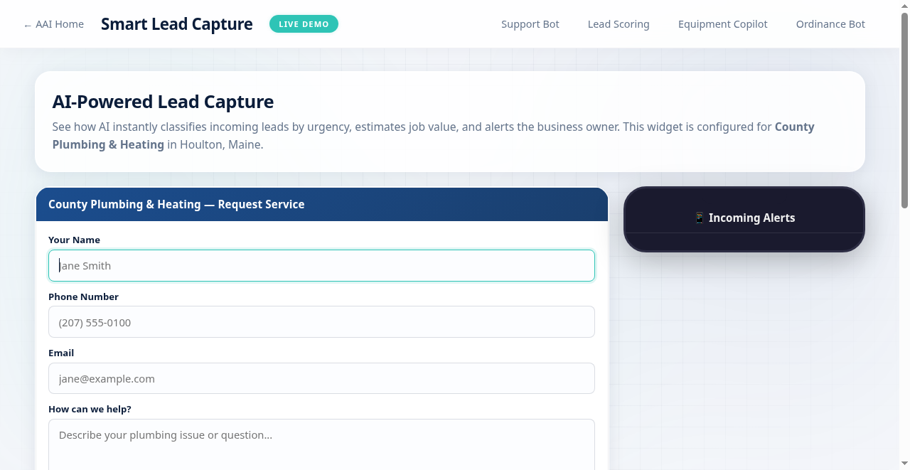 Smart Lead Capture Widget Demo - AI-powered lead classification and instant alerts