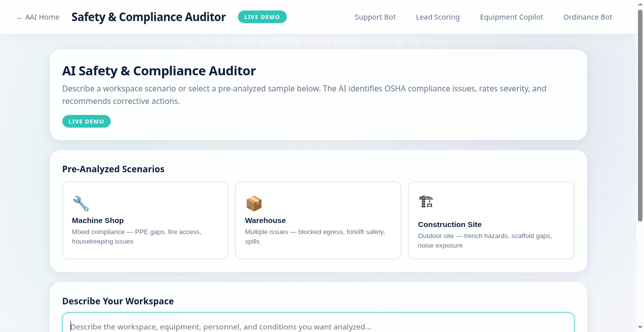 Safety and Compliance Auditor Demo - AI workplace safety analysis with OSHA references