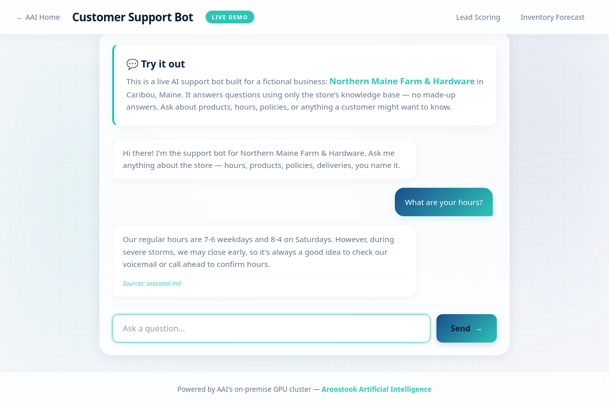 Customer Support Bot Demo - Live AI chatbot answering questions about a fictional Aroostook County farm supply store